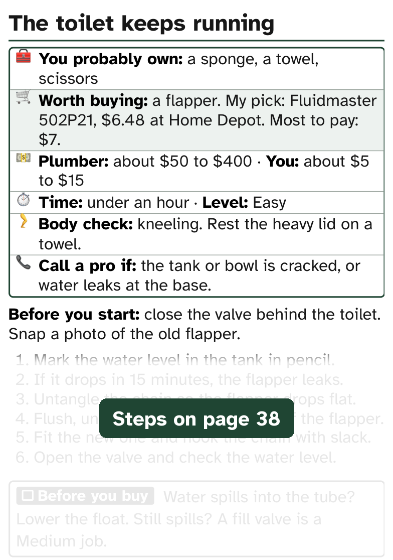 Book page, The toilet keeps running: you probably own a sponge, a towel and scissors; worth buying a Fluidmaster 502P21 flapper, $6.48 at Home Depot, most to pay $7; a plumber charges about $50 to $400, you pay about $5 to $15; under an hour, easy. The steps are faded here; they are on page 38 of the book