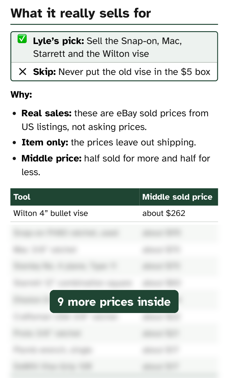 Book table, What it really sells for: a Wilton 4-inch bullet vise, about $262 on eBay. The other 9 prices are blurred; they are in the book